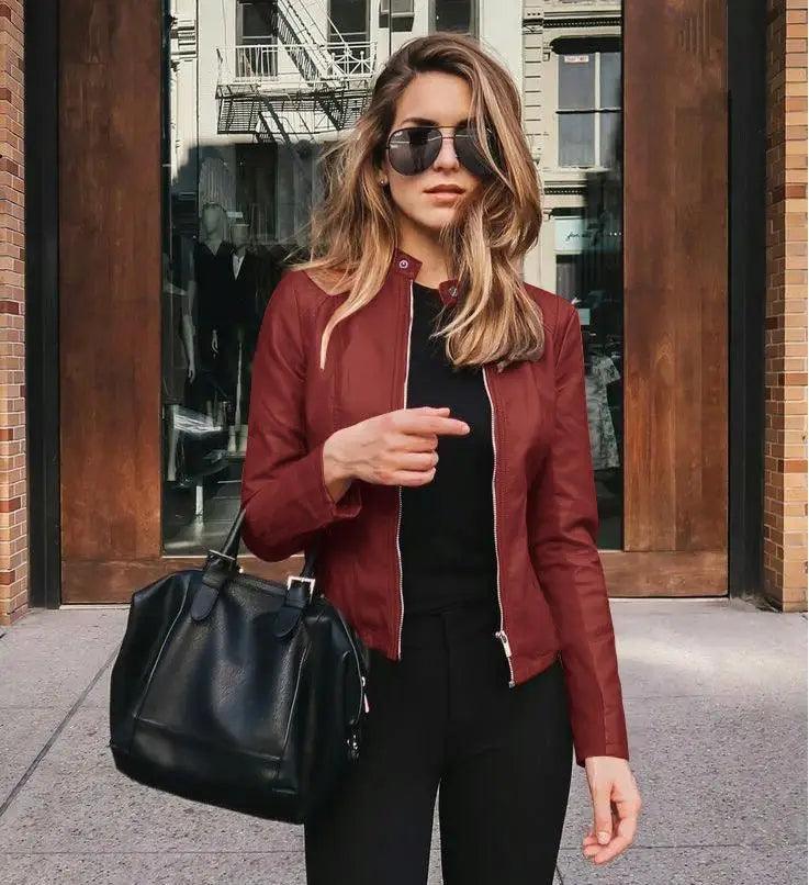 Outwear feminino de couro PU, jaqueta feminina curta e fina, casaco de bicicleta com zíper, moda outono e inverno 2024