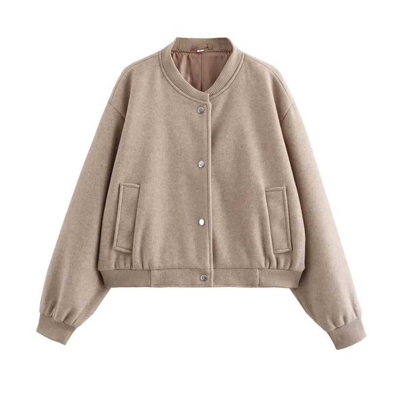 Jaqueta bomber feminina cropped TRAF, casacos de manga comprida, casacos elegantes de tweed, bege e preto, novidade em 2021, 2024