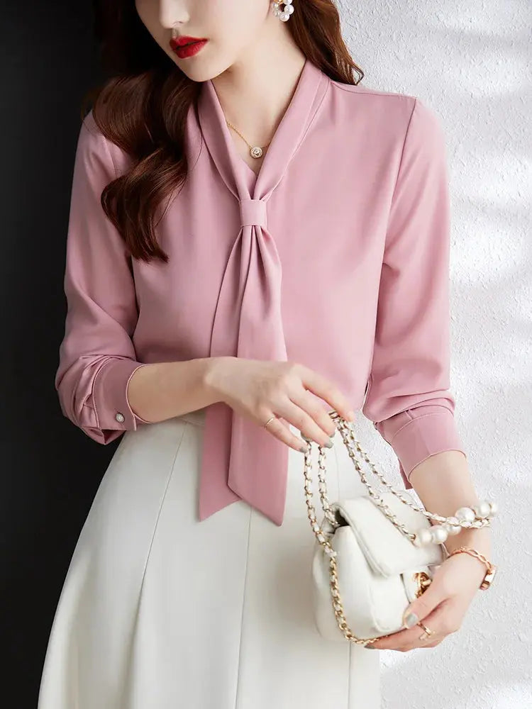Coreano moda roupas mulheres camisa sólida cetim drapejado arco pescoço manga comprida amarelo elegante luxo blusas feminino senhora top 2022