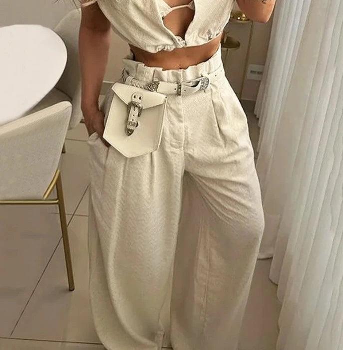 Conjunto de calças e camisola sem mangas para mulheres, elegante roupa monocromática, lapela sexy, moda casual de verão, novo, conjuntos 2 pcs, 2022