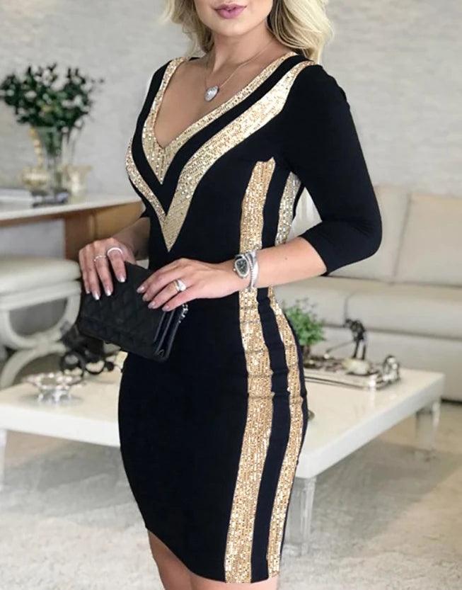 Vestido de lantejoulas com decote em v feminino, vestido elegante sexy, contraste, roupa feminina, nova moda, 2022, 2024