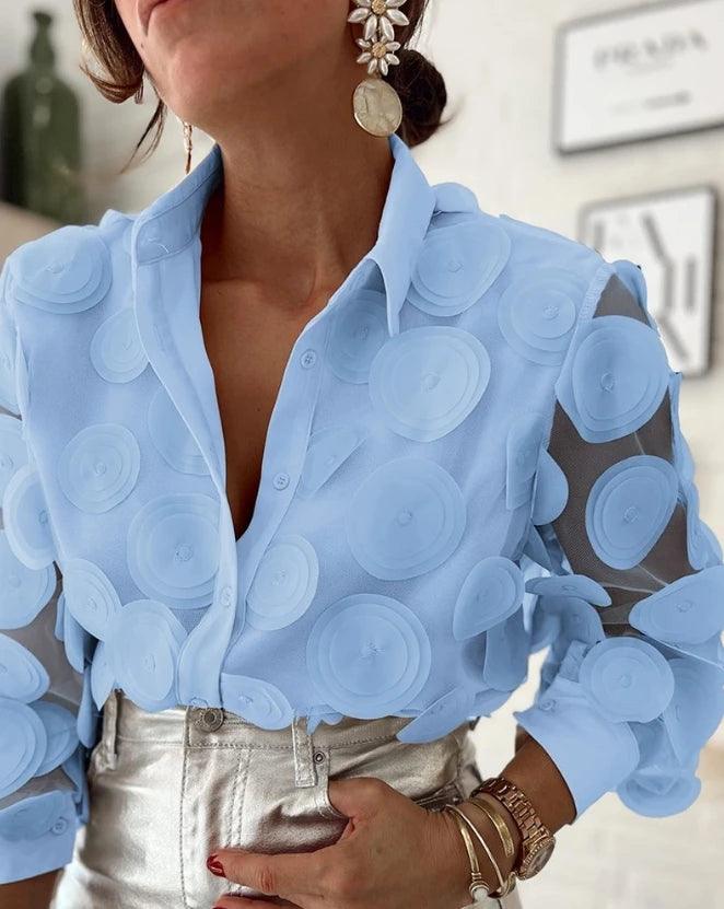 Top de manga comprida com padrão floral feminino, patch de malha semi-pura, botão casual, blusas elegantes soltas, na moda