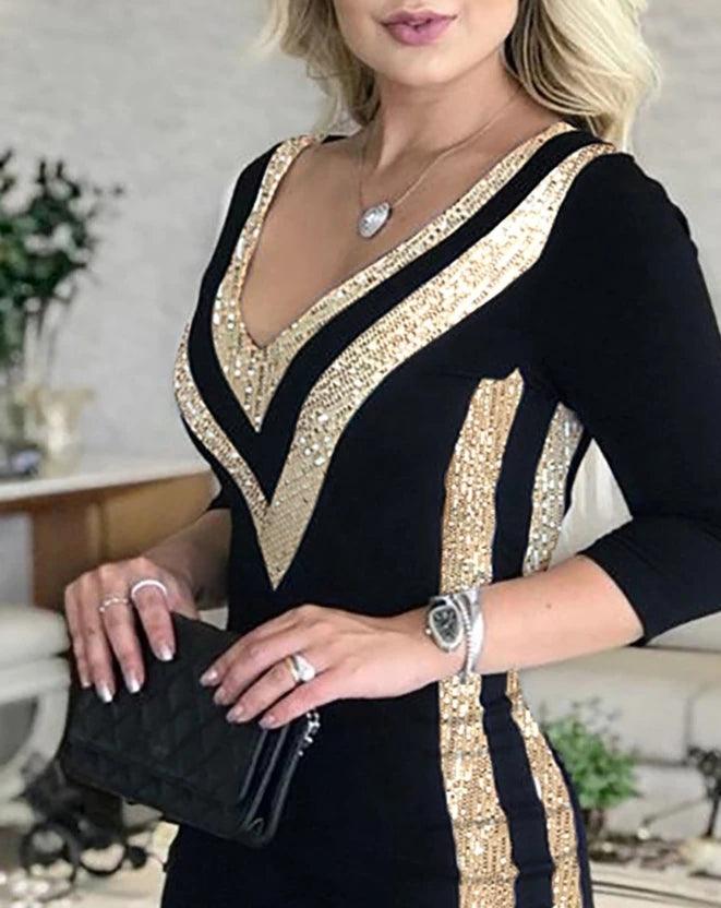 Vestido de lantejoulas com decote em v feminino, vestido elegante sexy, contraste, roupa feminina, nova moda, 2022, 2024