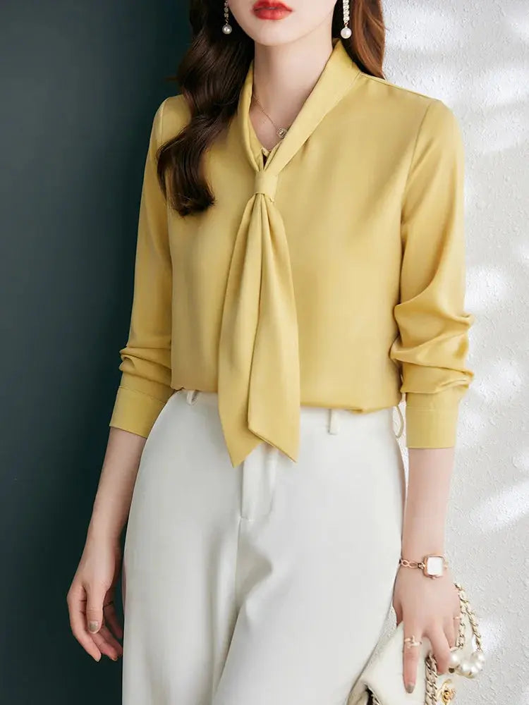 Coreano moda roupas mulheres camisa sólida cetim drapejado arco pescoço manga comprida amarelo elegante luxo blusas feminino senhora top 2022