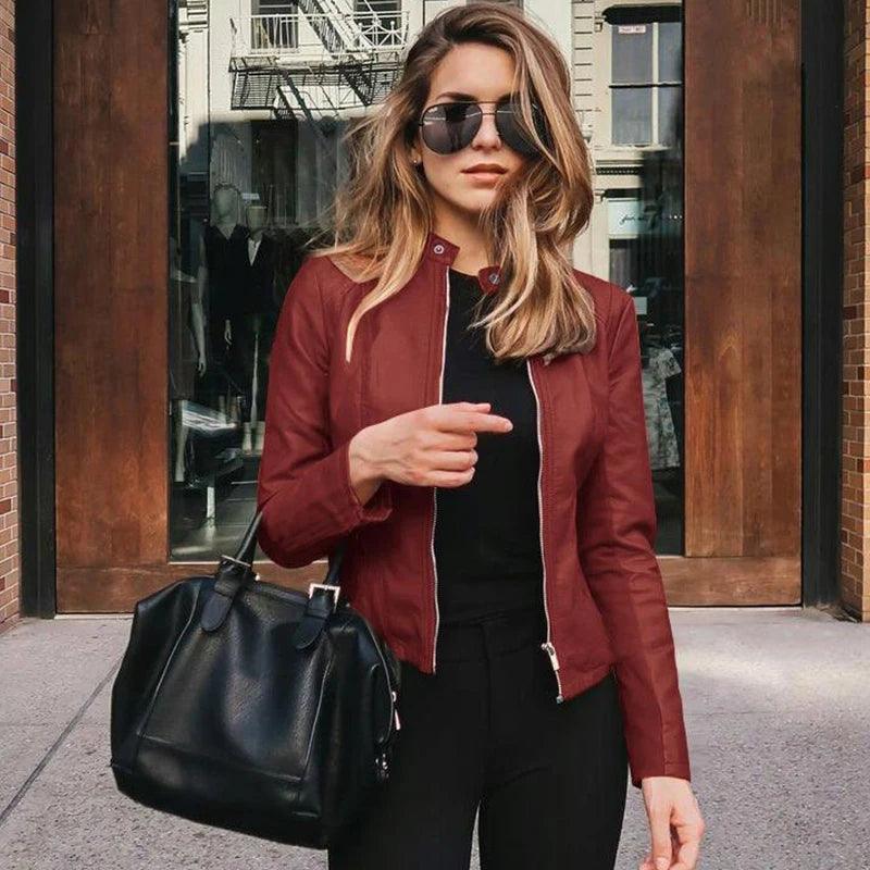 Outwear feminino de couro PU, jaqueta feminina curta e fina, casaco de bicicleta com zíper, moda outono e inverno 2024