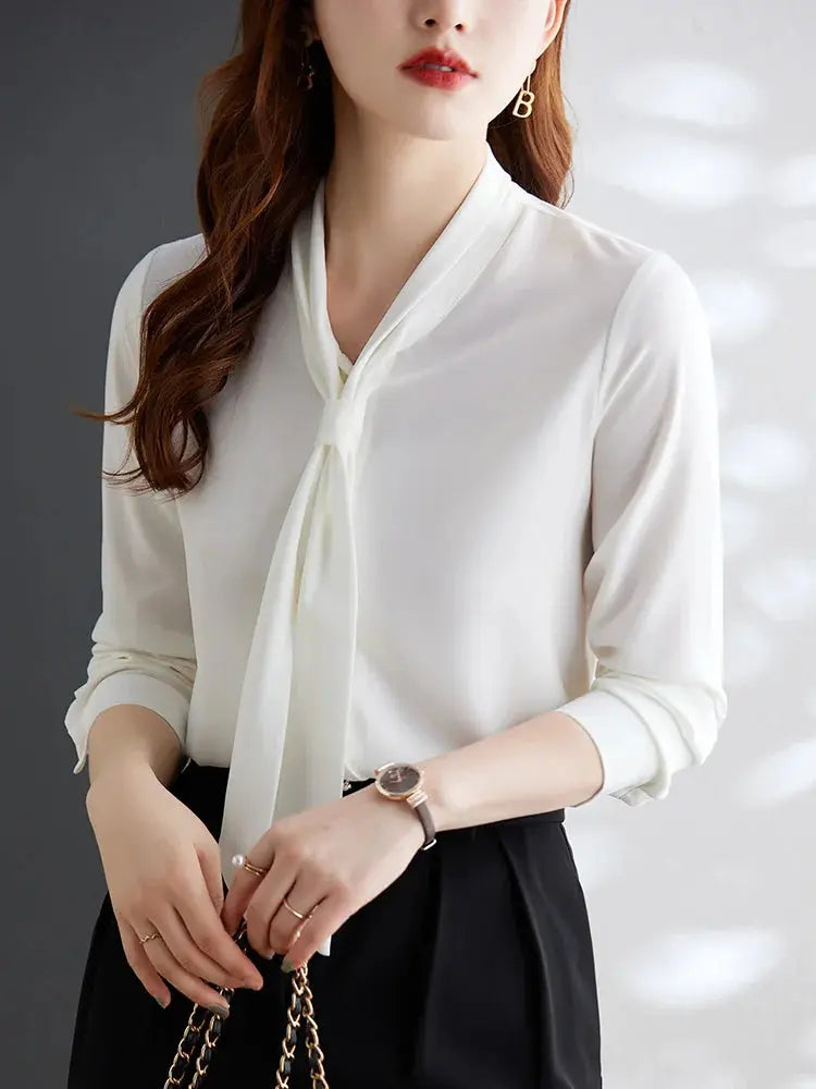 Coreano moda roupas mulheres camisa sólida cetim drapejado arco pescoço manga comprida amarelo elegante luxo blusas feminino senhora top 2022