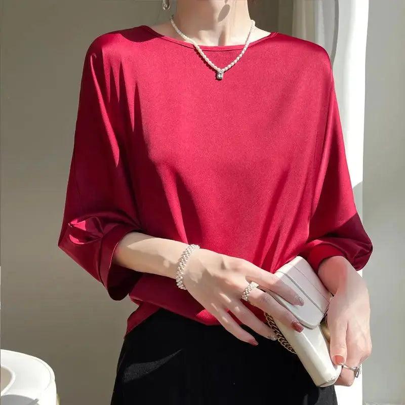 Camiseta de meia manga de seda cetim feminina, camiseta básica, decote em v casual, camisas finas para senhoras, blusas soltas, monocromáticas, verão, nova, 2023