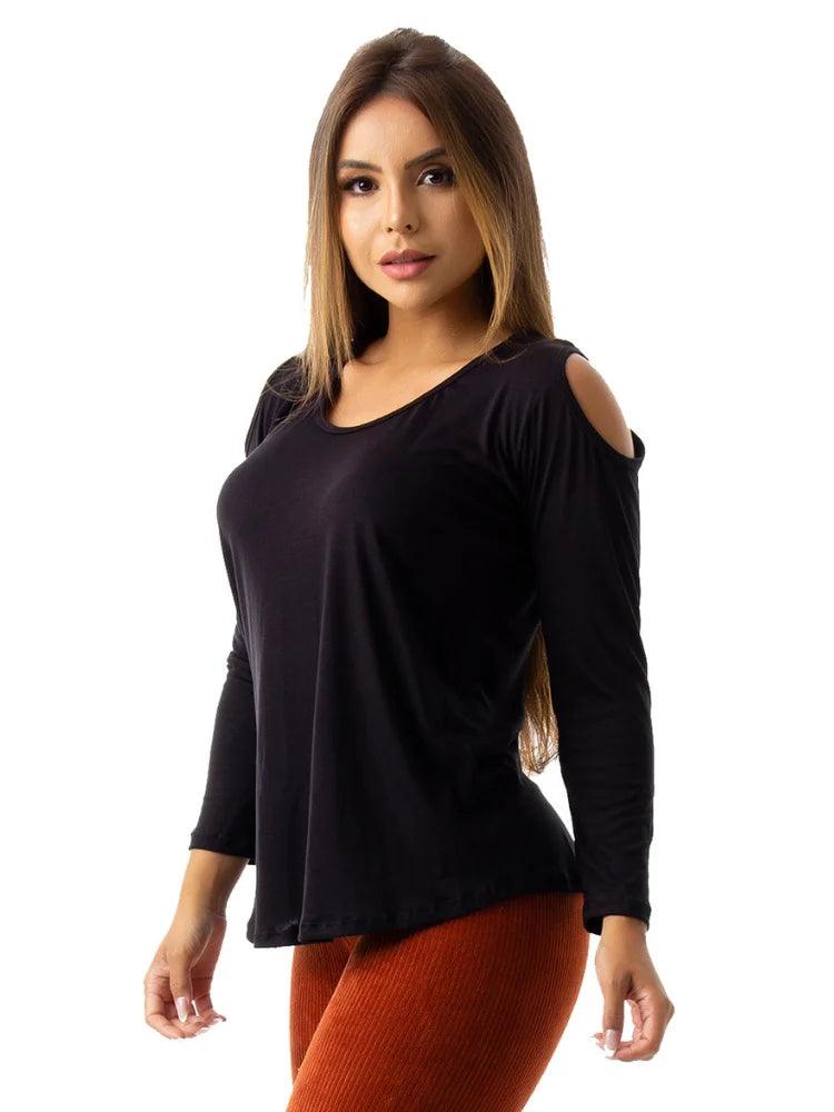 Blusa Ombro Nu Com Manga Longa Fitness Feminino Tapa Bumbum Blusinha Alta Qualidade Usar Sobre Top Academia Luxo Conforto