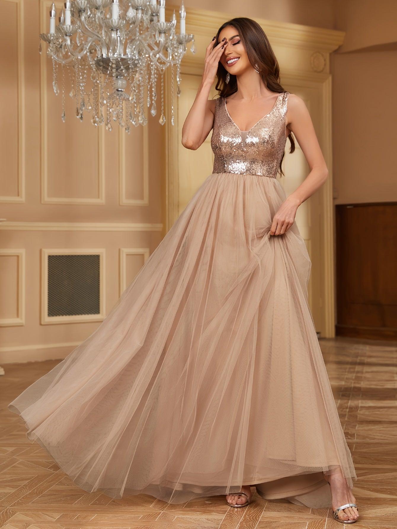 Vestido de Tule com Decote Profundo de Paetês