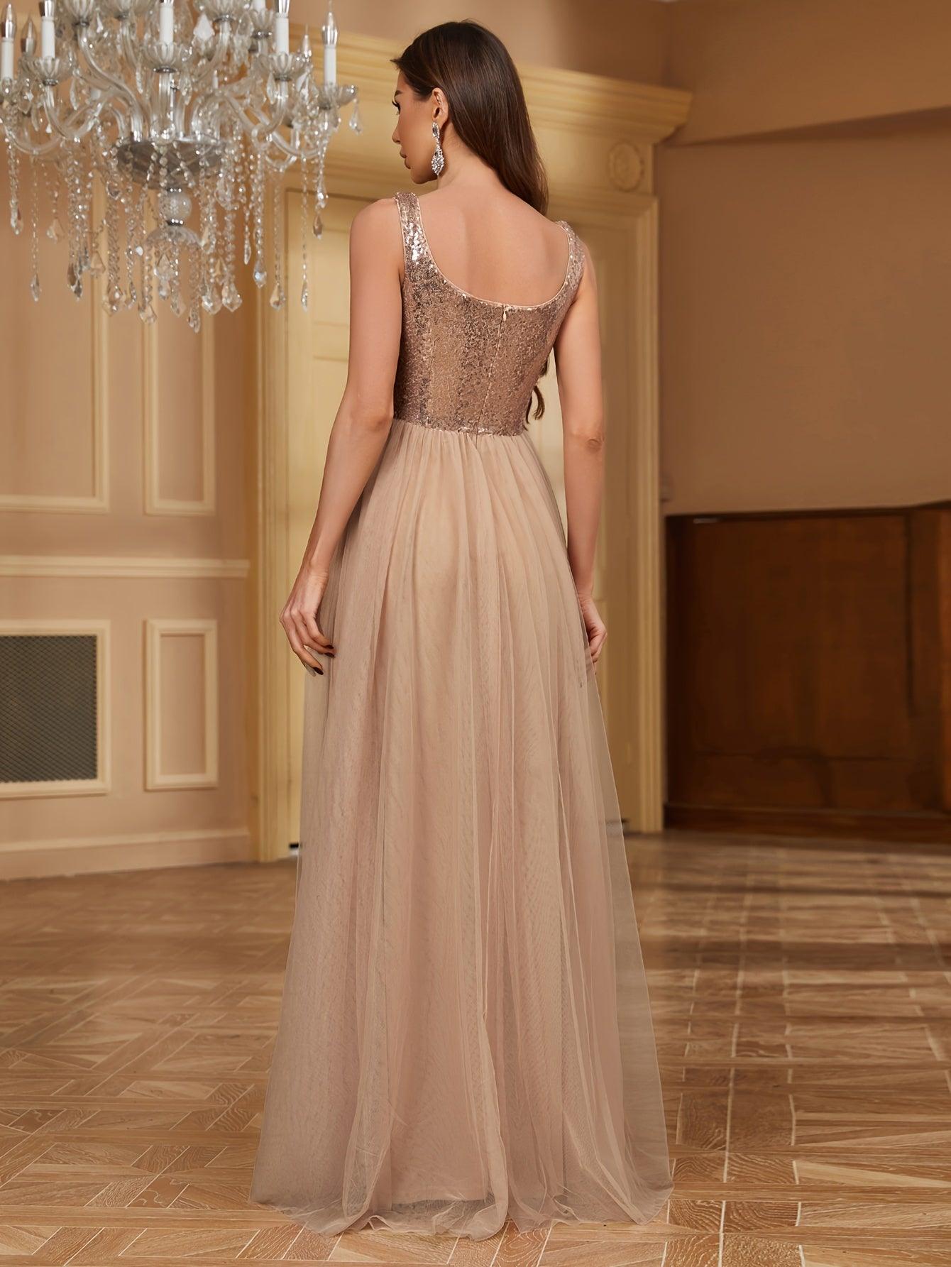 Vestido de Tule com Decote Profundo de Paetês
